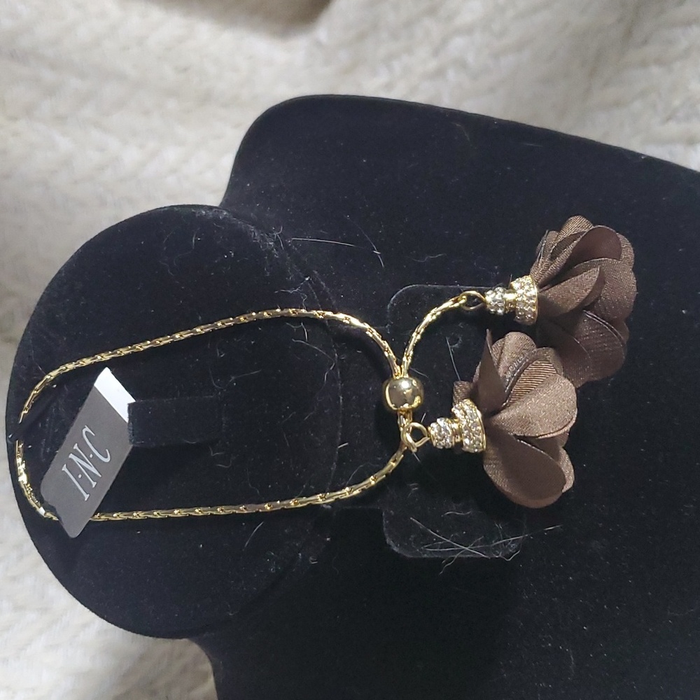 INC Crystal & Fabric Flower Bolo Bracelet